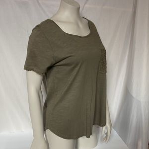 DEMOCRACY Jeans Women Tee Shirt Size Small Olive Color Crochet Embellished NWOT